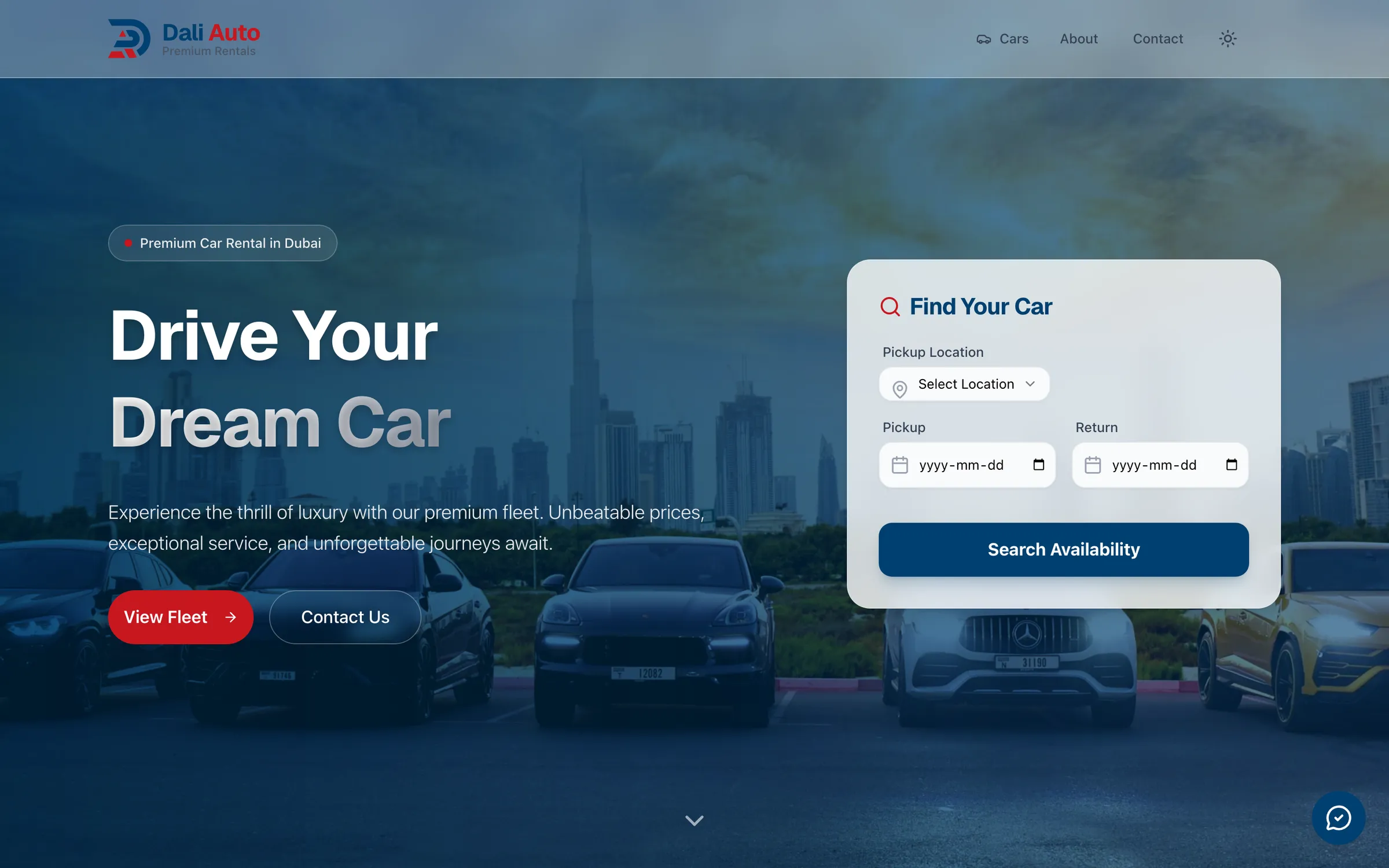 Dali Auto Rental website on desktop: the home page hero