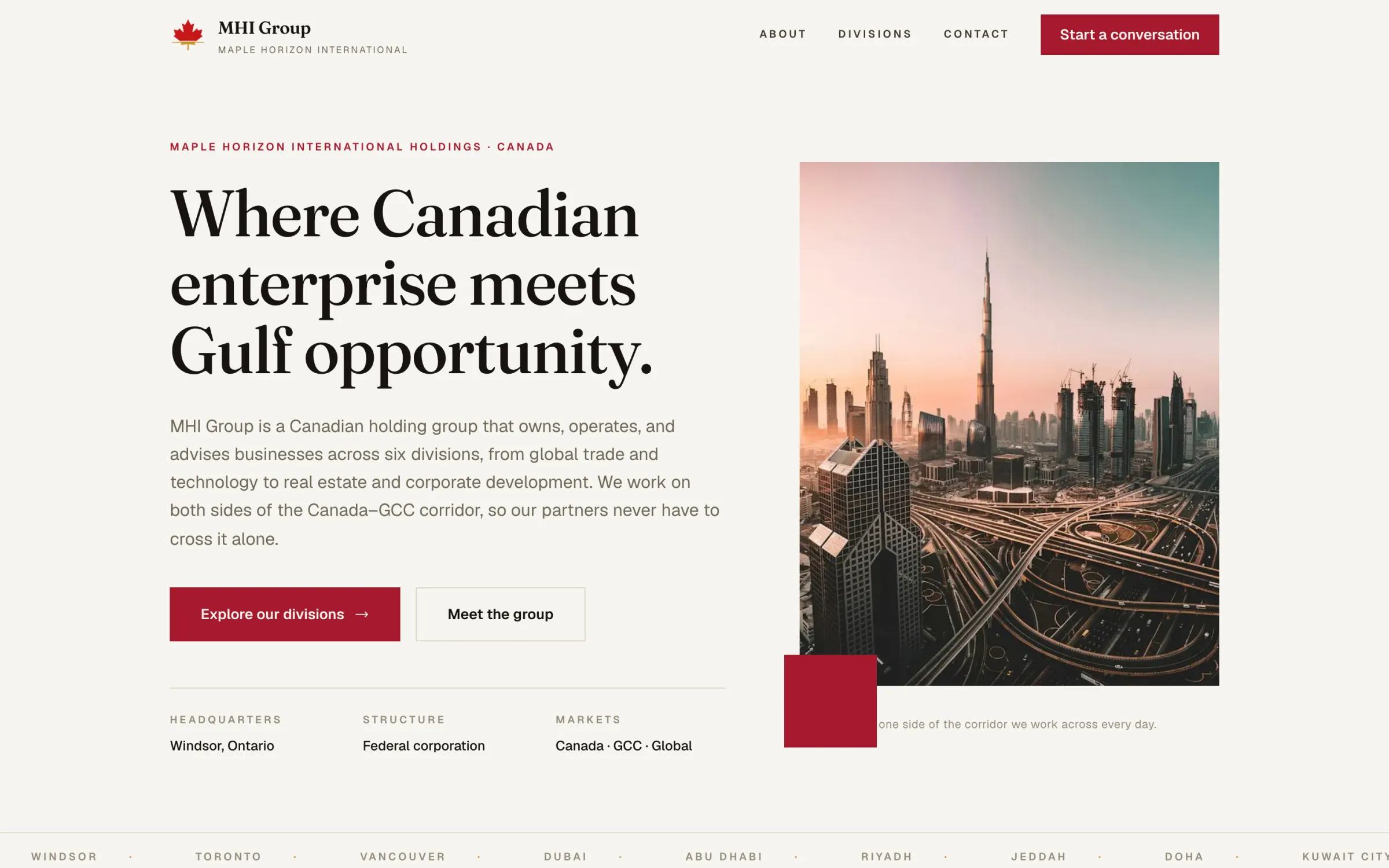 MHI Group website on desktop: the home page hero