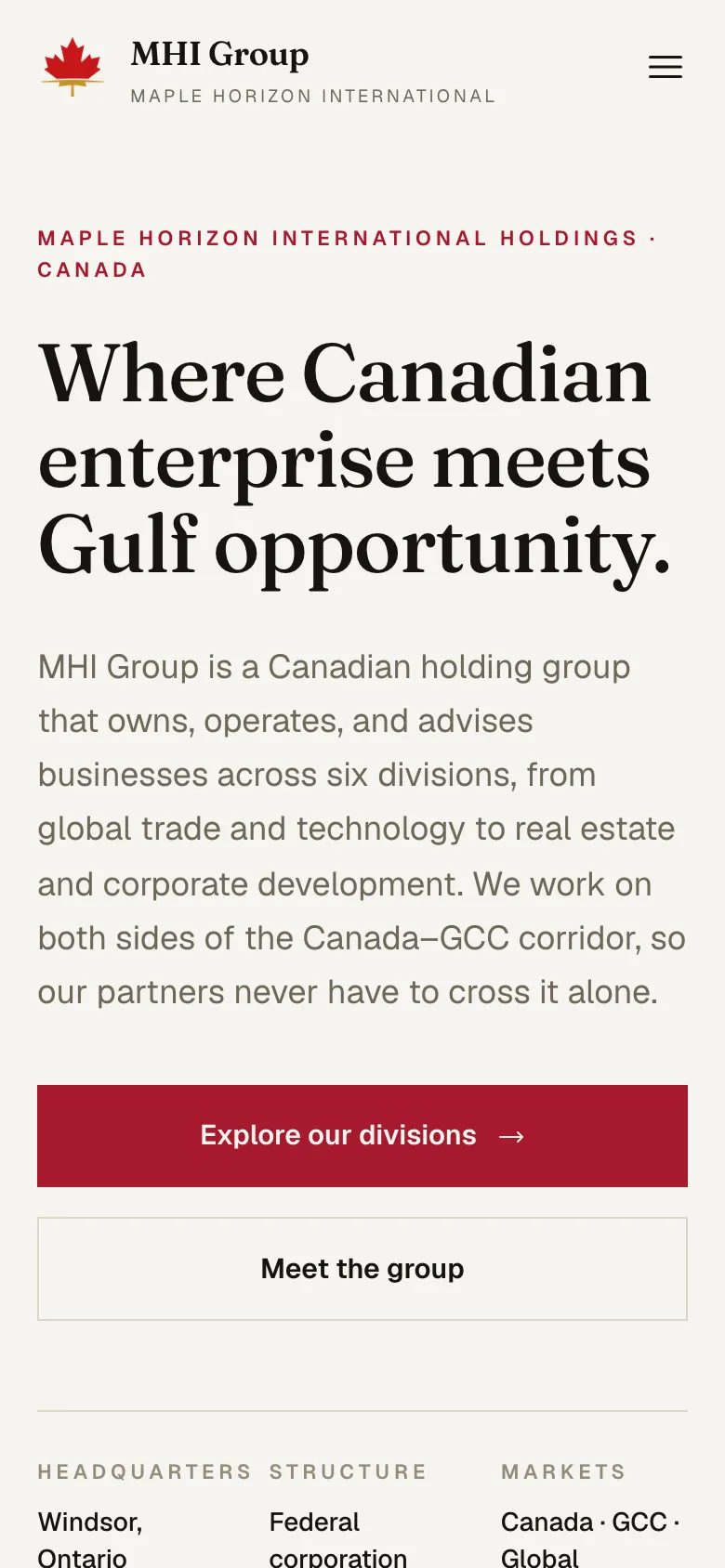 MHI Group website on a phone: the home page hero