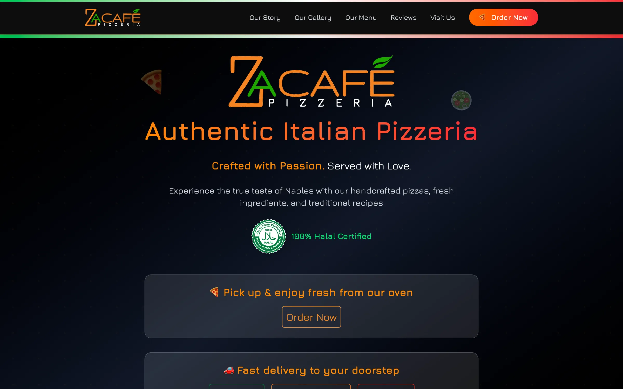 Za Cafe Pizzeria website on desktop: the home page hero