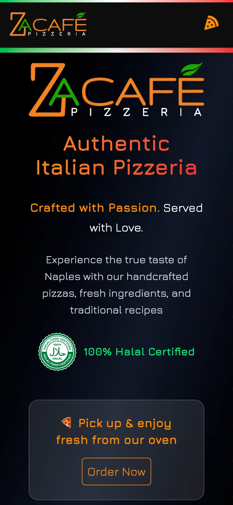 Za Cafe Pizzeria website on a phone: the home page hero
